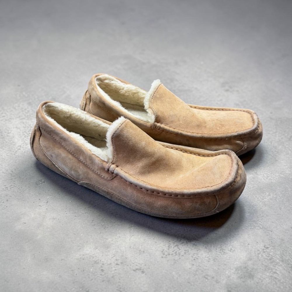 UGG Ascot Suede Slippers Men's 13 Chestnut Brown Shearling Lined Loafers